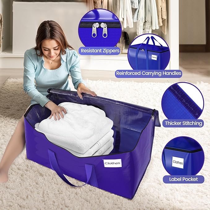 FabSpace Moving Storage Bags, Moving Supplies Packing Boxes for Moving, Camping, College Dorm Room Essentials for Girls, Blue Tote Bags, Heavy-Duty Storage Bins With Lids And Zippers, 93L 2 Pack