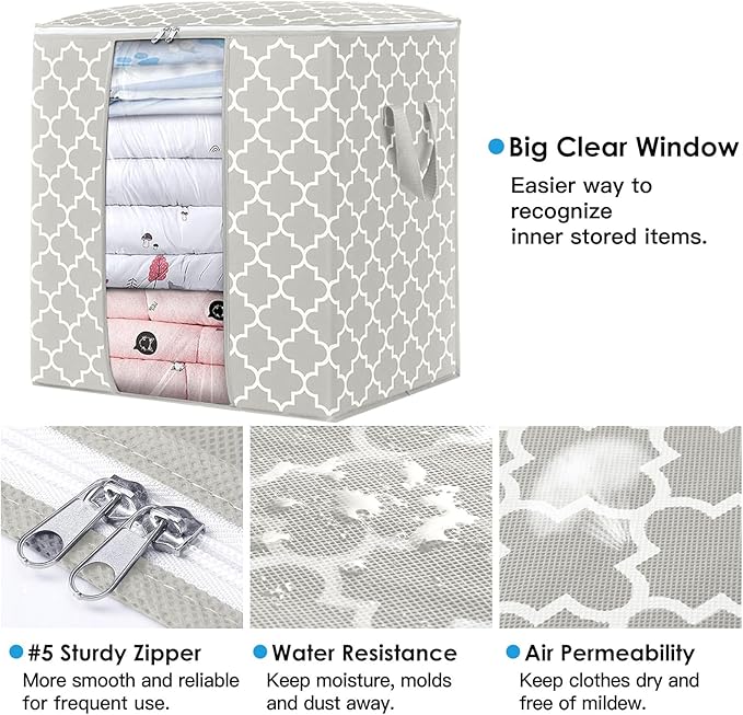 WISELIFE Storage Bags 4 Pack/100L Large Blanket Clothes Organization and Storage Containers for Comforters,Bedding, Foldable Organizer with Reinforced Handle, Clear Window, Sturdy Zippers,Lvory