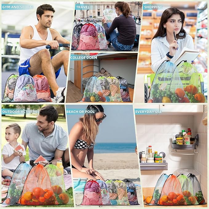 10Pcs Multicolor Mesh Drawstring Bags: Nylon Mesh Laundry Gym Travel Beach Bags with Locking Closure