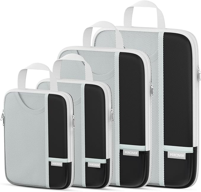 Percover Compression Packing Cubes for Travel, 4-Piece Structured Compression Organizer Set with Label Pockets for Carry-On & Checked Luggage, Black