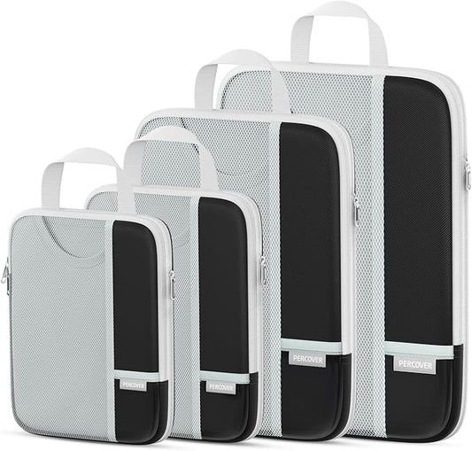 Percover Compression Packing Cubes for Travel, 4-Piece Structured Compression Organizer Set with Label Pockets for Carry-On & Checked Luggage, Black