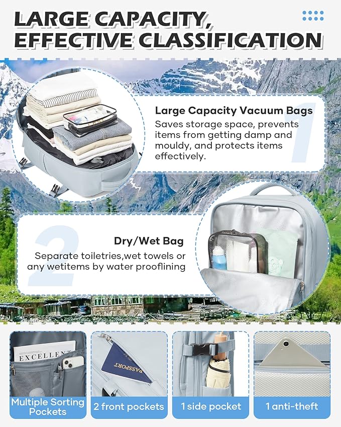 WONHOX Vacuum Seal Backpack for Travel with Air Pump Vacpack Carry on Flight Approved Compression Daypack Laptop Space Saver Bags Storage with Vacuum System 18x14x8 inches Travel Bag Women Men Blue