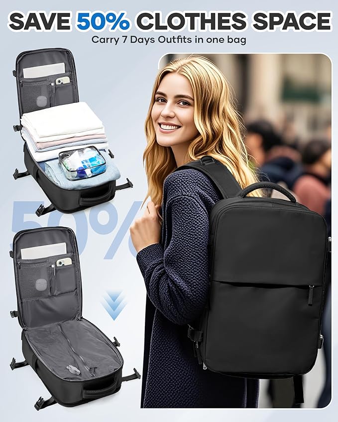 WONHOX Vacuum Seal Travel Backpack with Air Pump Compression Vacpack Waterproof Carry On Backpack for Travel Women men with Vacuum System Laptop Airlines Approved Daypack Space Saver Bags Black