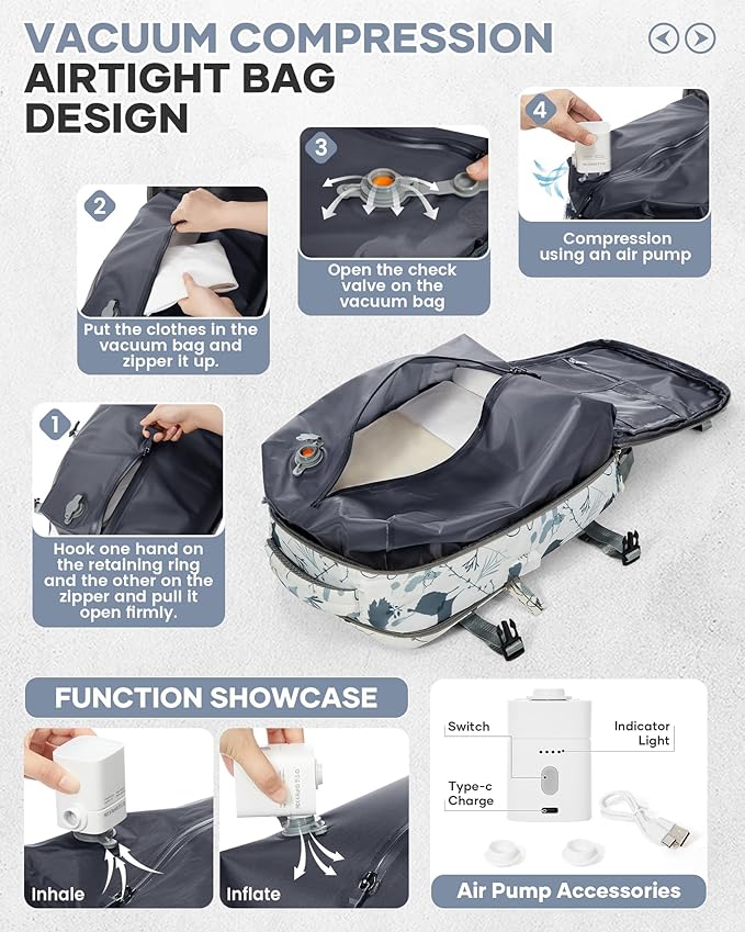 WONHOX Vacuum Seal Backpack for Travel with Air Pump Vacpack Carry on Flight Approved Compression Daypack Laptop Space Saver Bags Storage with Vacuum System 18x14x8 inches Travel Bag Women LeafWhite