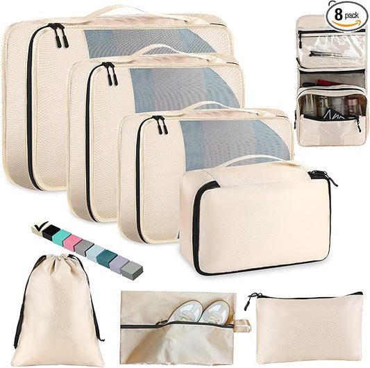 Toncoke 8-Piece Packing Cubes for Travel, Mesh Luggage Organizers with Shoe Bag, Toiletry Bag, Laundry Pouches, 4 Sizes (XL/L/M/S) for Suitcase Organization, Men Women Kids, Beige