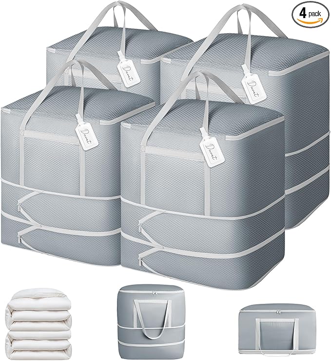 Comforter Storage Bag - 120L Bedding Storage Bags for Moving Closet, Washable Blanket Storage Bag, Ultra Space Saving Self Compression Organizer, 4-Pack, Grey
