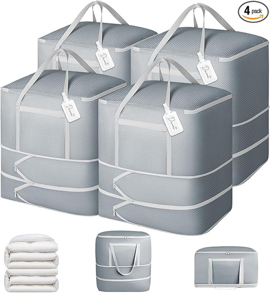 Comforter Storage Bag - 120L Bedding Storage Bags for Moving Closet, Washable Blanket Storage Bag, Ultra Space Saving Self Compression Organizer, 4-Pack, Grey