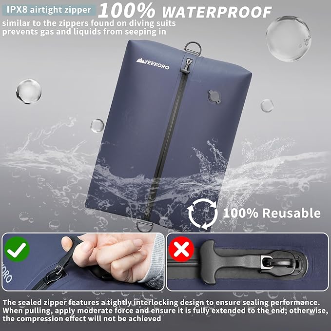 Vacuum Bag for Travel, Professional IPX8 Waterproof Reusable Vacuum Compression Bags for Travel Suitcases, Durable Space Saver Bag(2 Navy Blue,No Pump)