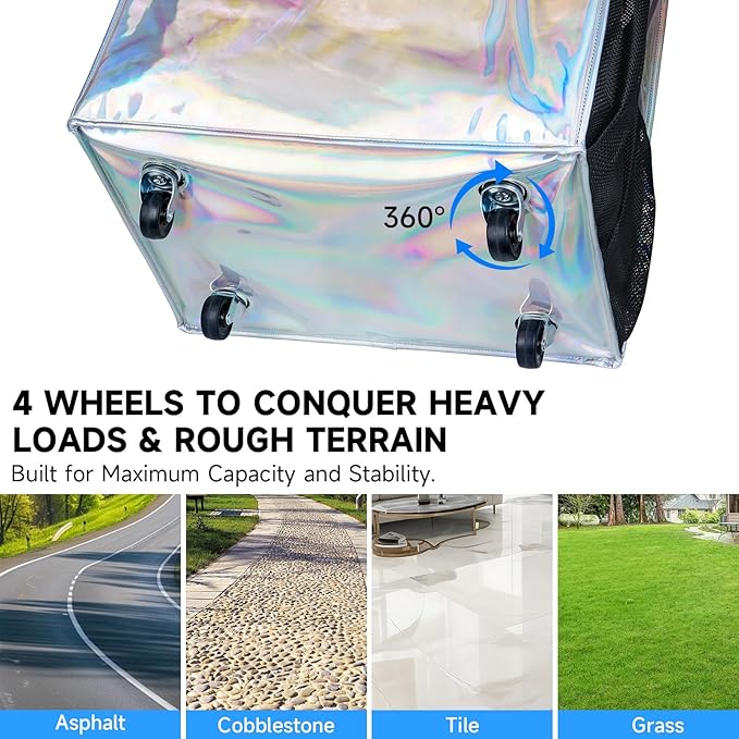 Reusable Grocery Bag On Wheels, 70L Foldable Shopping Trolley with Enhanced Stability Wheels, Water Resistant, 6 Pockets & 3-Way Carry for Outdoor, Camping, Medium, Gradient Silver