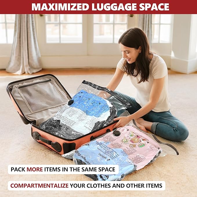 Vacuum Seal Bags for Clothing Travel and Home Storage, Travel Vacuum Bags with Electric Pump, Space Saver Compression Packing Cubes for Luggage Suitcase Bedding Blankets Clothes, 8 Medium
