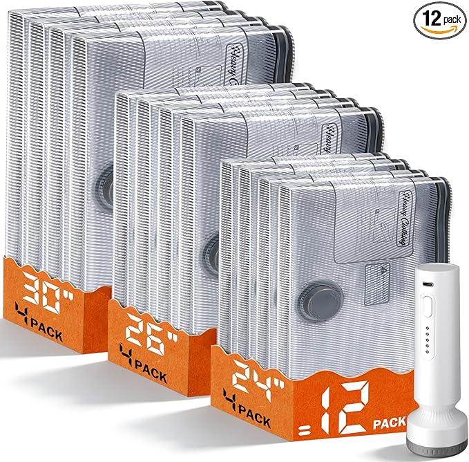 12 Pack Vacuum Storage Bags with Pump, Space Saver Travel Bags with Rechargeable Wireless Pump, Reusable Tear-Proof Compression Packing Cubes for Heavy Clothes/Bedding/Luggage/Moving 12 Combo Size