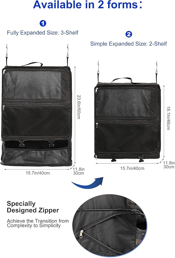 ELEZAY Hanging Packing Cubes Portable Closet 3-Shelf Travel Collapsible Compression Garment Organizer for Carry-on Luggage Suitcase Space Saver Bag XX-Large_No Side Pockets, Black