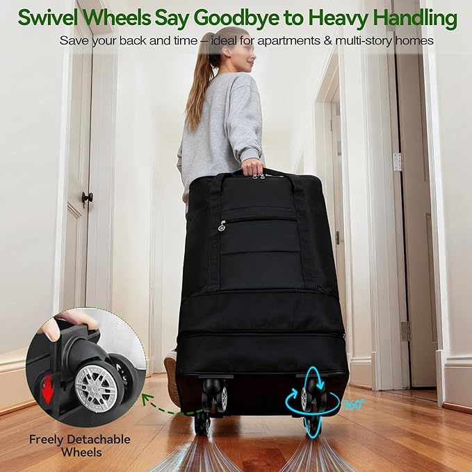 Coomee Laundry Bag Backpack with Wheels, 900D Oxford Fabric Foldable Rolling Travel Laundry Bags with Detachable Wheels & Straps, Waterproof for Laundromat, College Dorm, Apartment, Travel, Camping