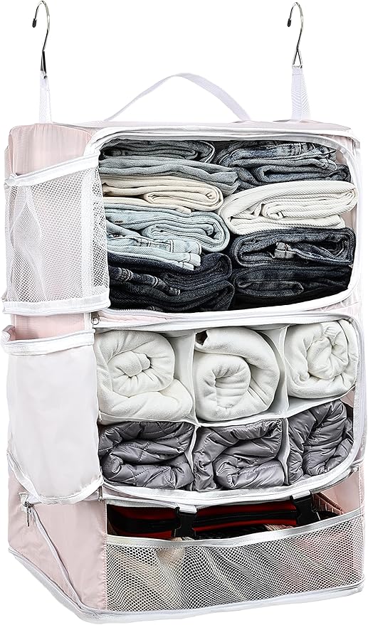 ELEZAY Hanging Packing Cubes Portable Closet 3-Shelf Travel Collapsible Compression Garment Organizer for Carry-on Luggage Suitcase Space Saver Bag XX-Large_No Side Pockets, Blush Pink