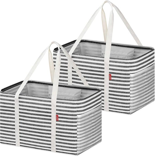 LHZK 2 Pack Utility Tote Bag with Metal Wire Frame and the Sides Rinforced, Large Tote Bag with Handle, Reusable Grocery Bags Foldable, Beach Bag, Car Tote, Black, 18.5''x11.8''x11.5''