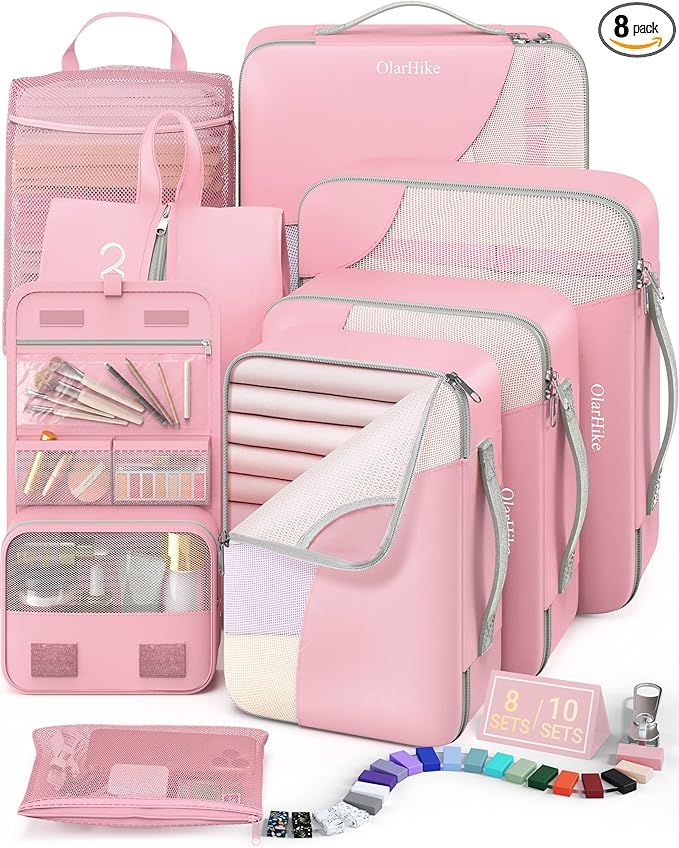 8 Set Packing Cubes for Travel, Gifts for Women Mom,Anti-Tearing Suitcase Organizer for Luggage with Shoe & Hanging Toiletry Bag,OlarHike Vacation Essentials & Accessories for Cruise Ship,Dream Pink
