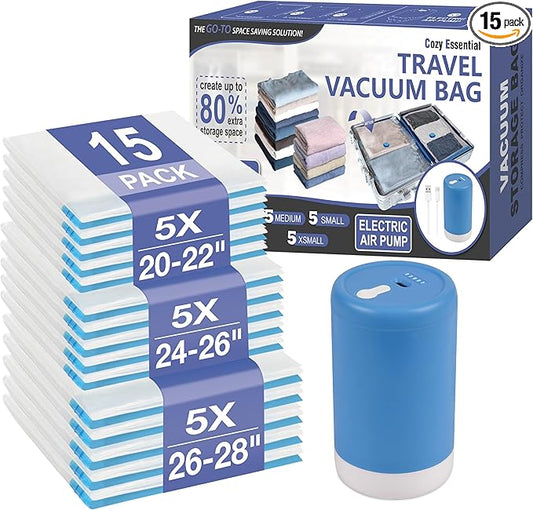 Cozy Essential Travel Vacuum Storage Bags with Rechargeable Cordless USB Pump, Space Saver Bags for Luggage, Suitcase, Carry-On, for Clothes, Blankets, Bedding & Seasonal Storage,15 Combo