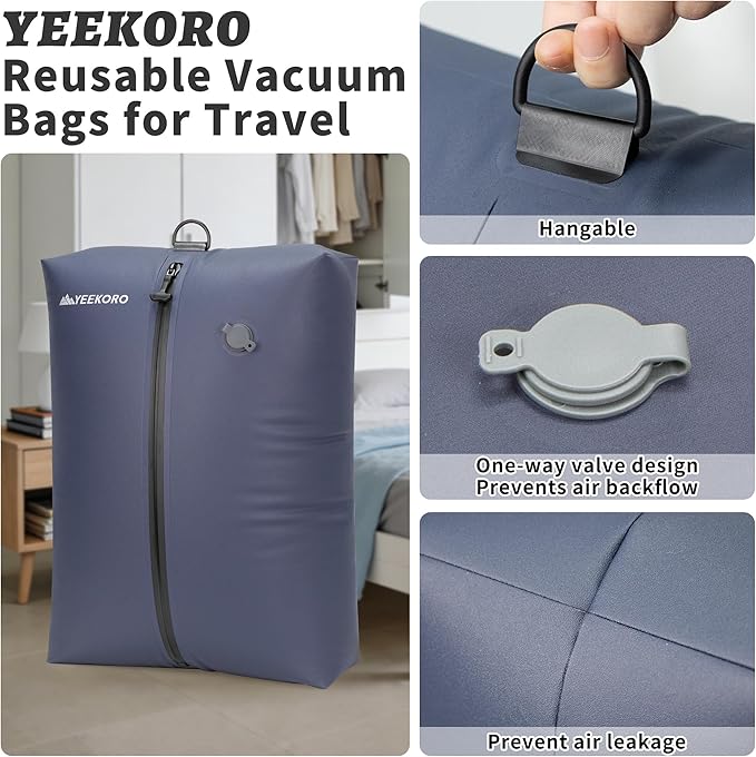 Vacuum Bag for Travel, Professional IPX8 Waterproof Reusable Vacuum Compression Bags for Travel Suitcases, Durable Space Saver Bag(1 Navy Blue,No Pump)