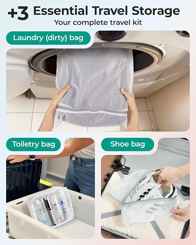 BAGSMART Vacuum Seal Storage Bags for Clothing Travel, 21 Pack Travel Essentials Bundle includes Laundry Bag & Waterproof Shoe Bag & TSA Approved Toiletry Bag, Hand Pump Included