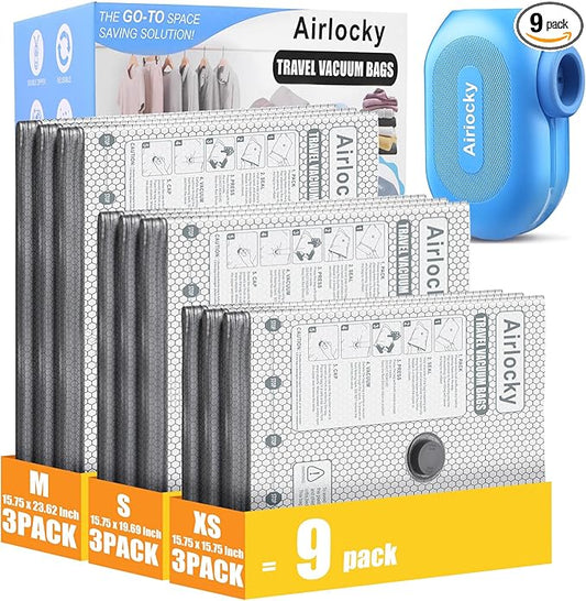 Travel Vacuum Storage Bags with Pump, 9 Pack Carry-on Compression Packing Bags + Portable Electric Pump, 80% Space Saver of Clothes, Vacuum Seal Bags for Clothing Travel Luggage