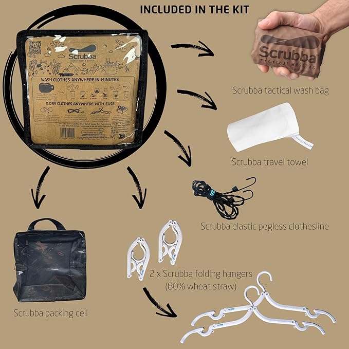 Scrubba Tactical Wash Bag & Dry Kit - Portable Washing Machine System with XL Towel, Pegless Clothesline & Hangers - Lightweight Travel Essentials Laundry Kit for Camping, Hiking, RV, Hotels