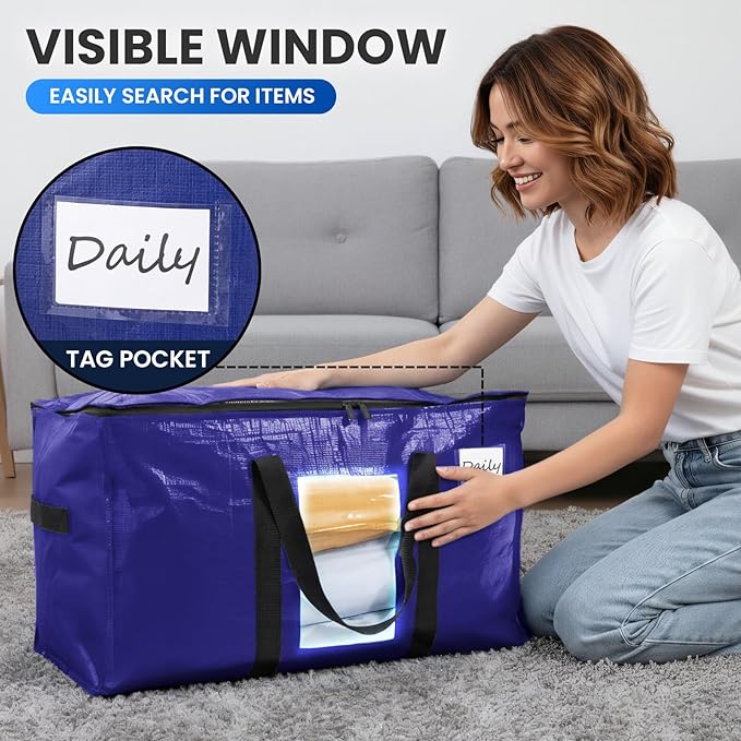 TAILI 10 Pack Dark Blue Extra Large Moving Bags, Heavy Duty Totes with Visible Window, Wrap Around Handles, Great for Space-Saving