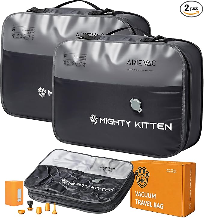 IKYWT Travel Vacuum Seal Bag with Pump, 21L Compression Packing Cube Kit with 270° Zipper, Reusable Waterproof Vacuum Storage for Carry-On & Small Checked Luggage (2-Pack)
