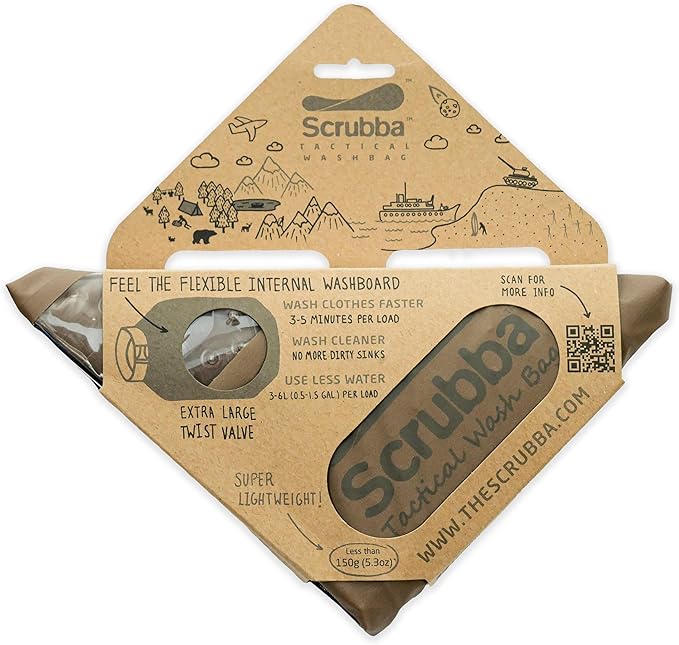 Scrubba Tactical Wash Bag & Dry Kit - Portable Washing Machine System with XL Towel, Pegless Clothesline & Hangers - Lightweight Travel Essentials Laundry Kit for Camping, Hiking, RV, Hotels