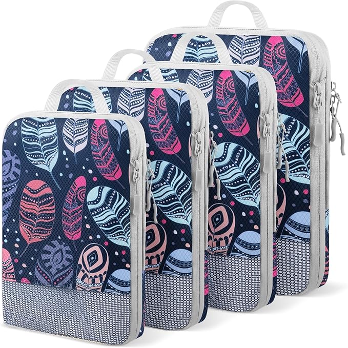 4 Set Compression Packing Cubes, Suitcase Organizer, Lightweight Travel Essentials, Compression Bags For Travel Accessories Luggage Storage Set (4Pcs, feather)