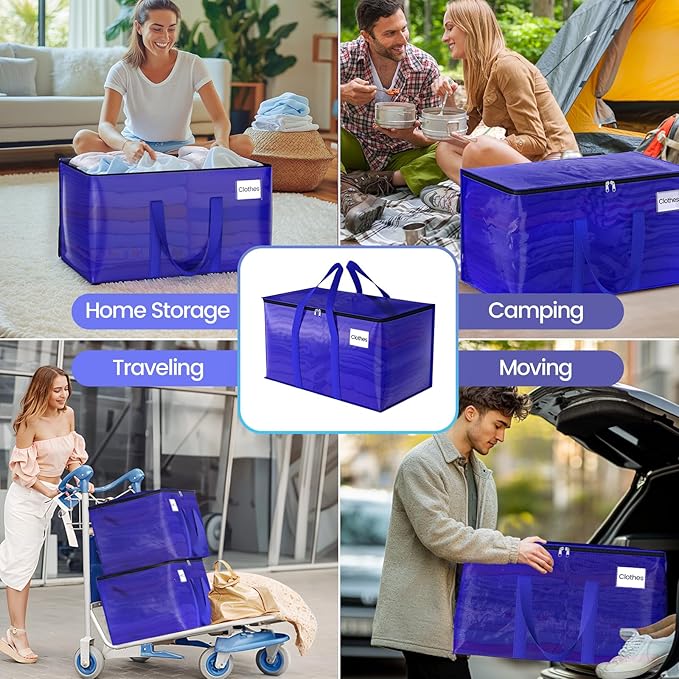FabSpace Moving Storage Bags, Moving Supplies Packing Boxes for Moving, Camping, College Dorm Room Essentials for Girls, Blue Tote Bags, Heavy-Duty Storage Bins With Lids And Zippers, 93L 4 Pack