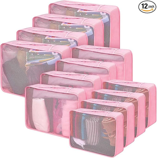 Silkfly 12 Pcs Packing Cubes for Suitcase Travel Luggage Bags Bulk Mesh Organizer Set for Hiking Camping Backpacking Clothes Accessories (Pink,XL, L, M Size)