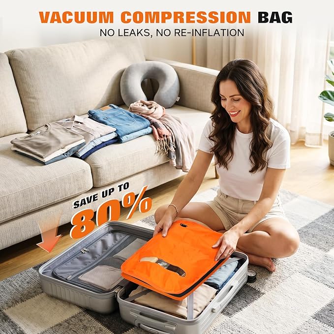 Vacuum Bags for Travel with Wired Pump, Travel Compression Bags for Clothes, 180° Open Zipper, Save 80% Space, IP68 Waterproof Travelpack Vacuum Kit for Luggage, Suitcase, Home Storage (2 Pack + Pump)