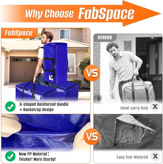 FabSpace 4-Pack Moving Bags with Backpack Straps & Carry Handles, 25 Gallons-93 L Heavy Duty Storage Totes for Space Saving, Foldable Storage Bags for College Dorm, Travel, Camping (Blue)