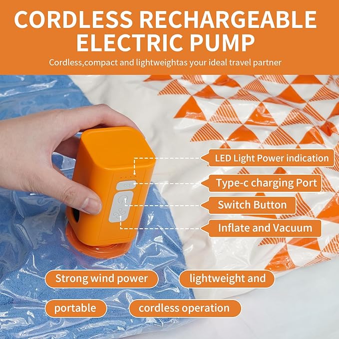 10 Pack Vacuum Storage Bags with Wireless Rechargeable Pump, Compression Packing Bags for Travel and Luggage, Space Saver Vacuum Seal Bags for Clothes & Suitcase and Carry-On Sizes
