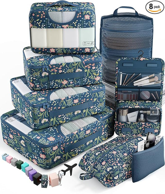 Veken 8 Set Packing Cubes for Travel Essentials, Suitcase Organizer Bags in 4 Sizes, Carry-On Luggage Accessories with Large Laundry & Hanging Toiletry Bag, Must-Have for Airplane, Road Trip & Camping