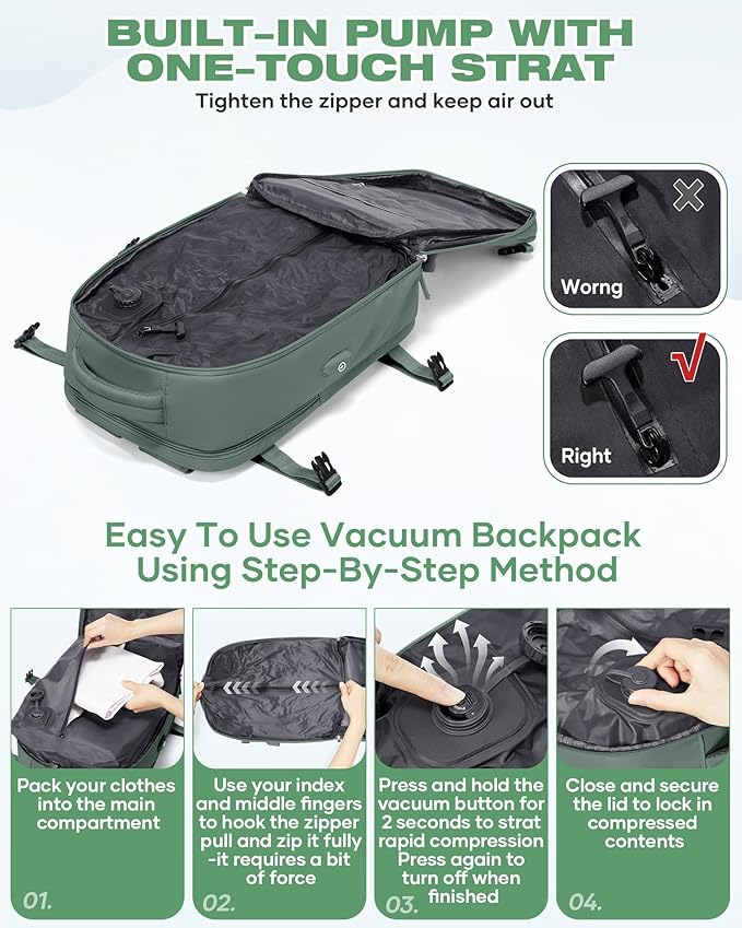 Vacuum Seal Travel Backpack Built-in Pump,Air Compression System Vacuum Vacpack Backpack Travel Bag for Women Men Carry On Suitcase Luggage Laptop Airlines Approved Daypack Space Saver Bags Dark Green