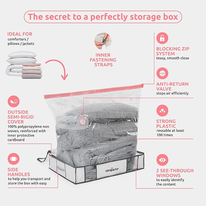 Compactor Under Bed Vacuum Storage Bag with Semi-Rigid Box, Closet Organizer, Vacuum Seal Bags for Clothing and Bedding, Fits All Vacuum and Nozzle Types, 145L, Large, White