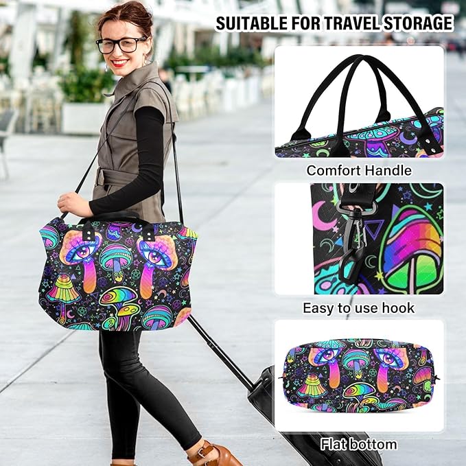 Magic Mushrooms Quilted Travel Bags Weekender Duffle Bags With Toiletry Bag Carry on Overnight Duffels Yoga Gym Bag for Airplanes Business Sports