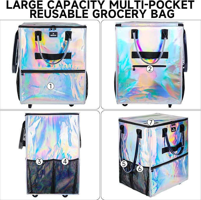 Reusable Grocery Bag On Wheels, Foldable Shopping Trolley with Enhanced Stability Wheels, Water Resistant, 6 Pockets & 3-Way Carry for Outdoor, Camping, Small, Gradient Silver