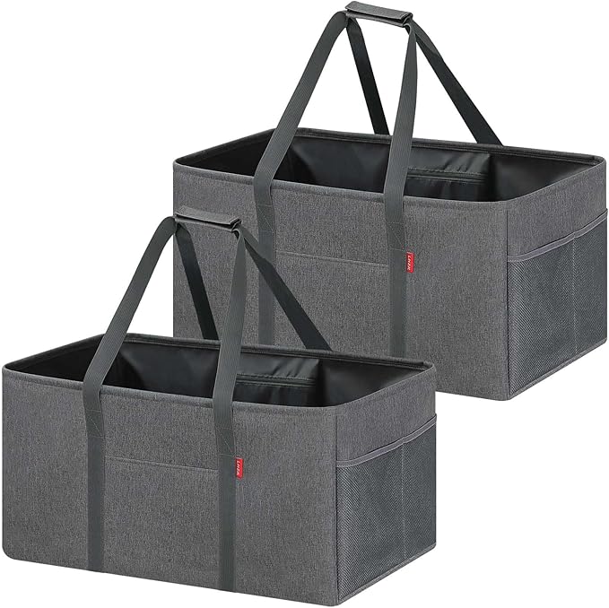 LHZK 2 Pack Extra Large Utility Tote Bag with Metal Wire Frame and the Sides Rinforced, Extra Large Tote Bag with Handle, Reusable Grocery Bags Foldable, Beach Bag, Car Tote (Gray, 26''x15''x13'')