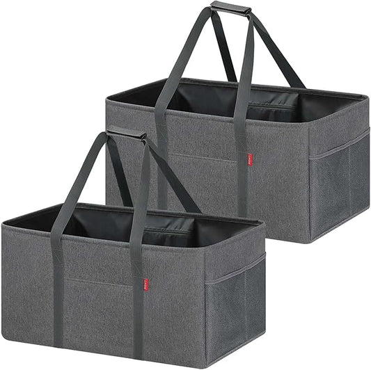 LHZK 2 Pack Extra Large Utility Tote Bag with Metal Wire Frame and the Sides Rinforced, Extra Large Tote Bag with Handle, Reusable Grocery Bags Foldable, Beach Bag, Car Tote (Gray, 26''x15''x13'')
