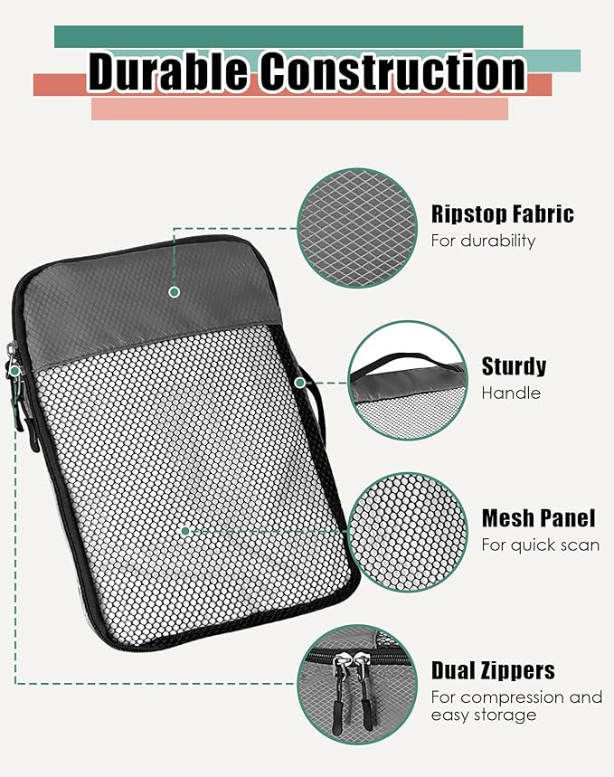 WTREE 4-Piece Packing Cubes Travel Accessories Set for Suitcases - Luggage Organizer Bags with Double Zipper - Mesh Top - Large - Dark Grey