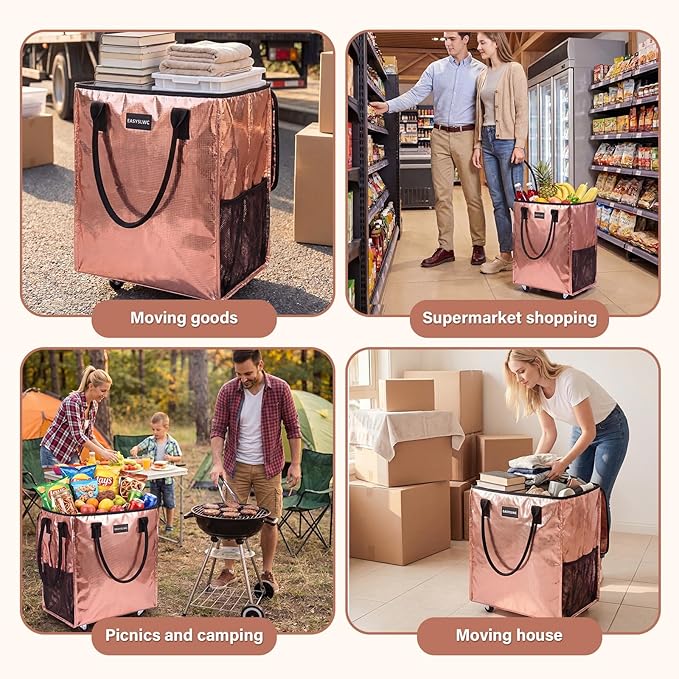 Reusable Hauler Rolling Tote Bag, Collapsible Portable Shopping Bag with Wheels for Groceries, Apartments Laundry, Organization,Heavy Duty Utility Tote Bag for Travel Moving, 75lbs, Rose Gold