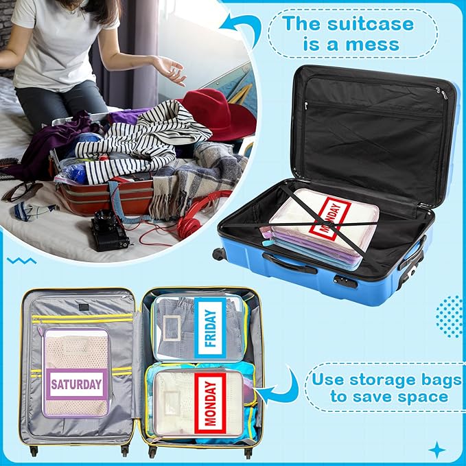 Honoson 14 Pack Packing Cubes for Travel Days of Week Packing Cubes with Labels Clear Zippered Storage Bag for Travel Summer Camp Essentials