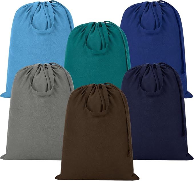 Zhehao 6 Packs Canvas Laundry Bags 20" x 28" Thick Heavy Duty Cotton Laundry Bag with Handles & Drawstring Fit a Basket or Hamper Perfect for College Dorm Apartment Dwellers and Travel (Cool Color)