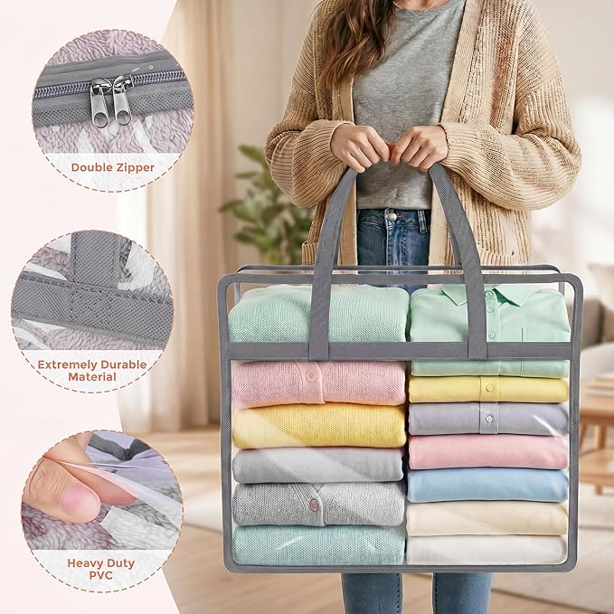 Budding Joy 6 Pack Clear Zippered Storage Bags for Clothes,40L Closet Organizers and Storage Containers Vinyl Moving Bag for Bedding, Linen, Blankets, Comforters, Clothing & Toys, Grey