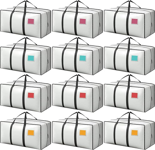 12 Pack Moving Bags with Full-Open Side Zipper, Extra Large 93L Heavy Duty Waterproof Foldable Storage Totes for College Dorm, Moving & Home Organization,White