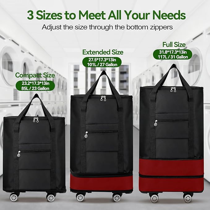 Coomee Laundry Bag Backpack with Wheels, 900D Oxford Fabric Foldable Rolling Travel Laundry Bags with Detachable Wheels & Straps, Waterproof for Laundromat, College Dorm, Apartment, Travel, Camping