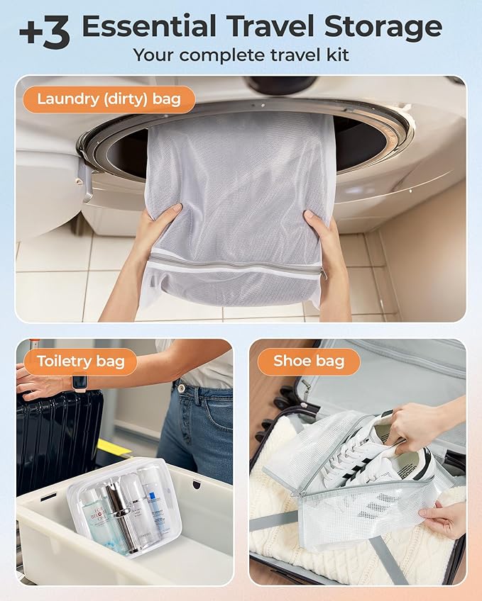 BAGSMART Vacuum Seal Storage Bags for Clothing Travel, 21 Pack Travel Essentials Bundle includes Laundry Bag & Waterproof Shoe Bag & TSA Approved Toiletry Bag, Hand Pump Included