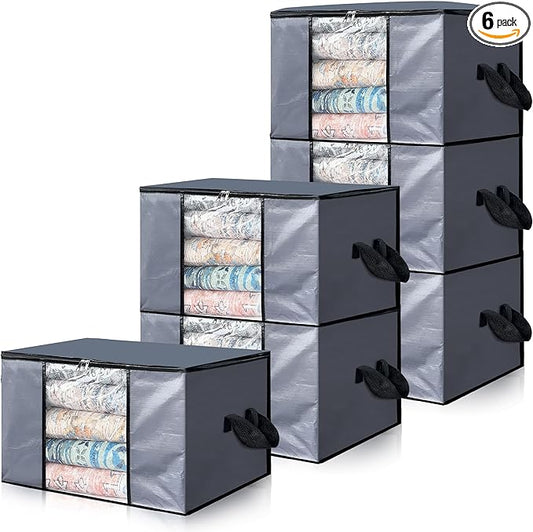 Cosy Family 6 Pack 90L Heavy Duty Extra Large Moving Bags with Reinforced Handle - Strong Handles & Zippers, Storage Totes For Space Saving, Fold Flat, Alternative to Moving Box, Grey